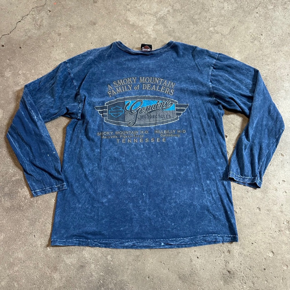 VTG Y2K Harley Davidson Mens L Blue Flame Wash Long Sleeve Smoky Mountain TN - Picture 7 of 8